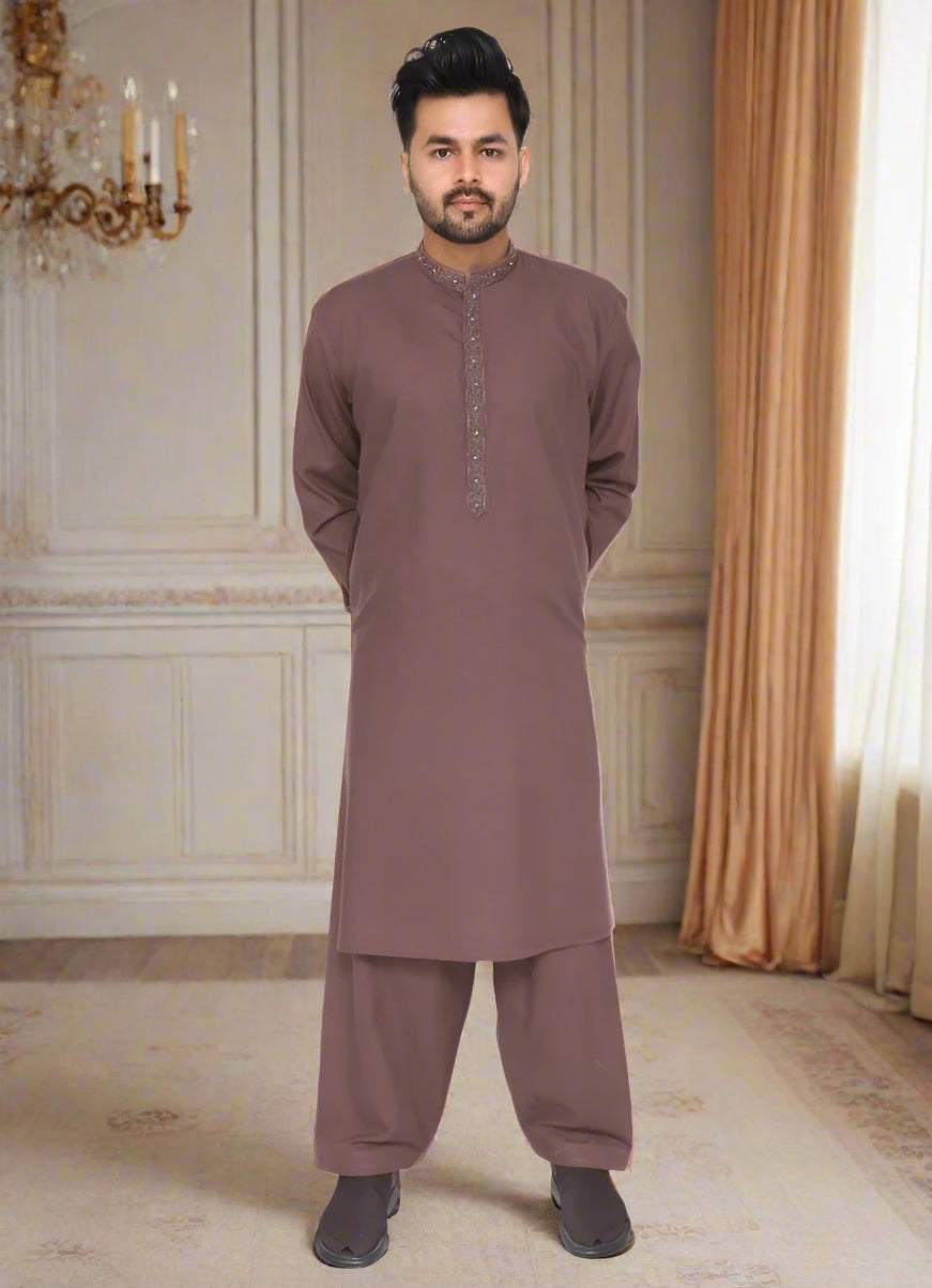 Embroidered Mens Maroon Kurta & Salwar