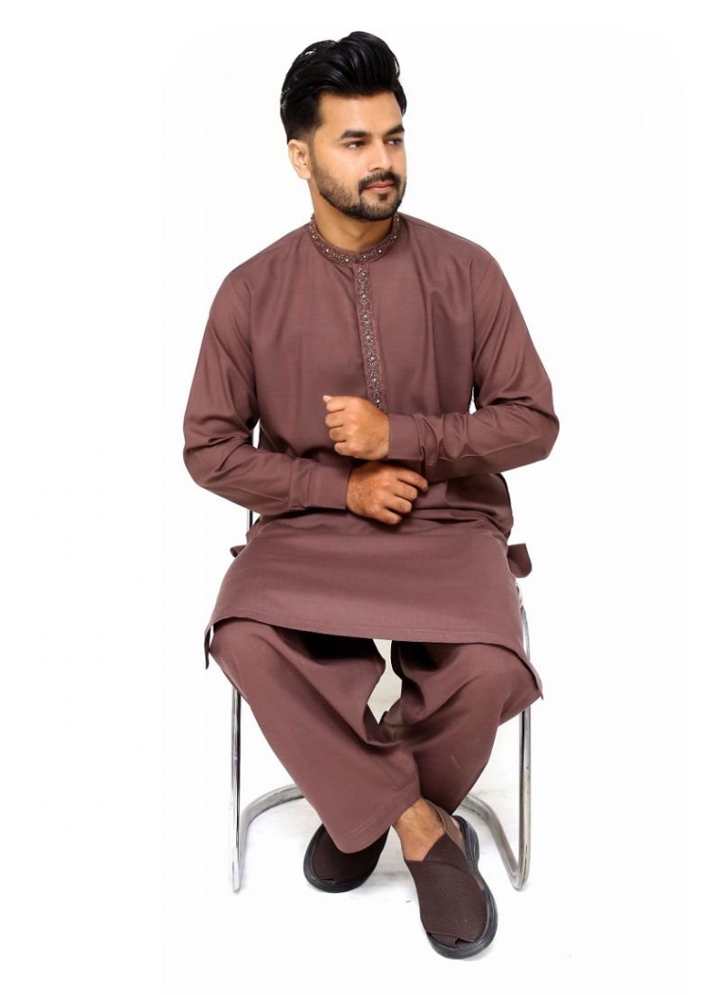 Embroidered Mens Maroon Kurta & Salwar