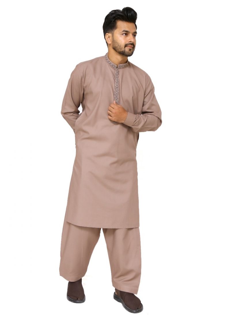 Embroidered Mens Brown Kurta & Salwar