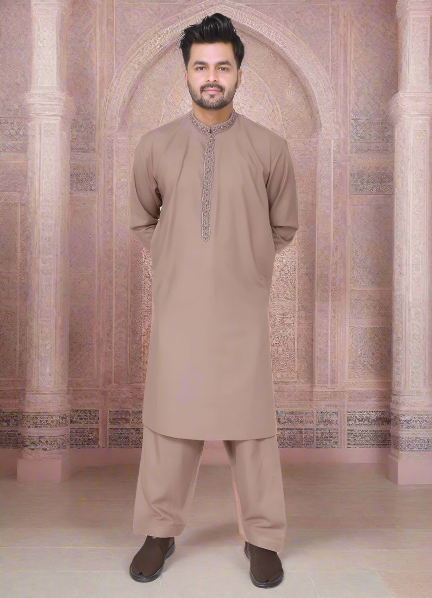 Embroidered Mens Brown Kurta & Salwar