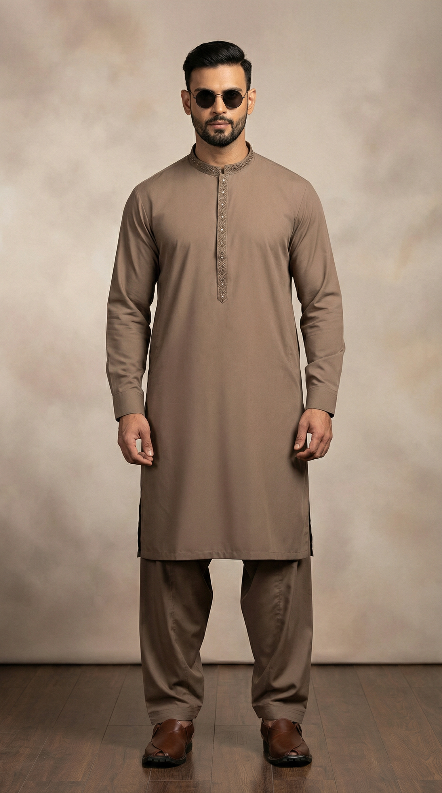 Brown Embroidered Shalwar Kameez for Men