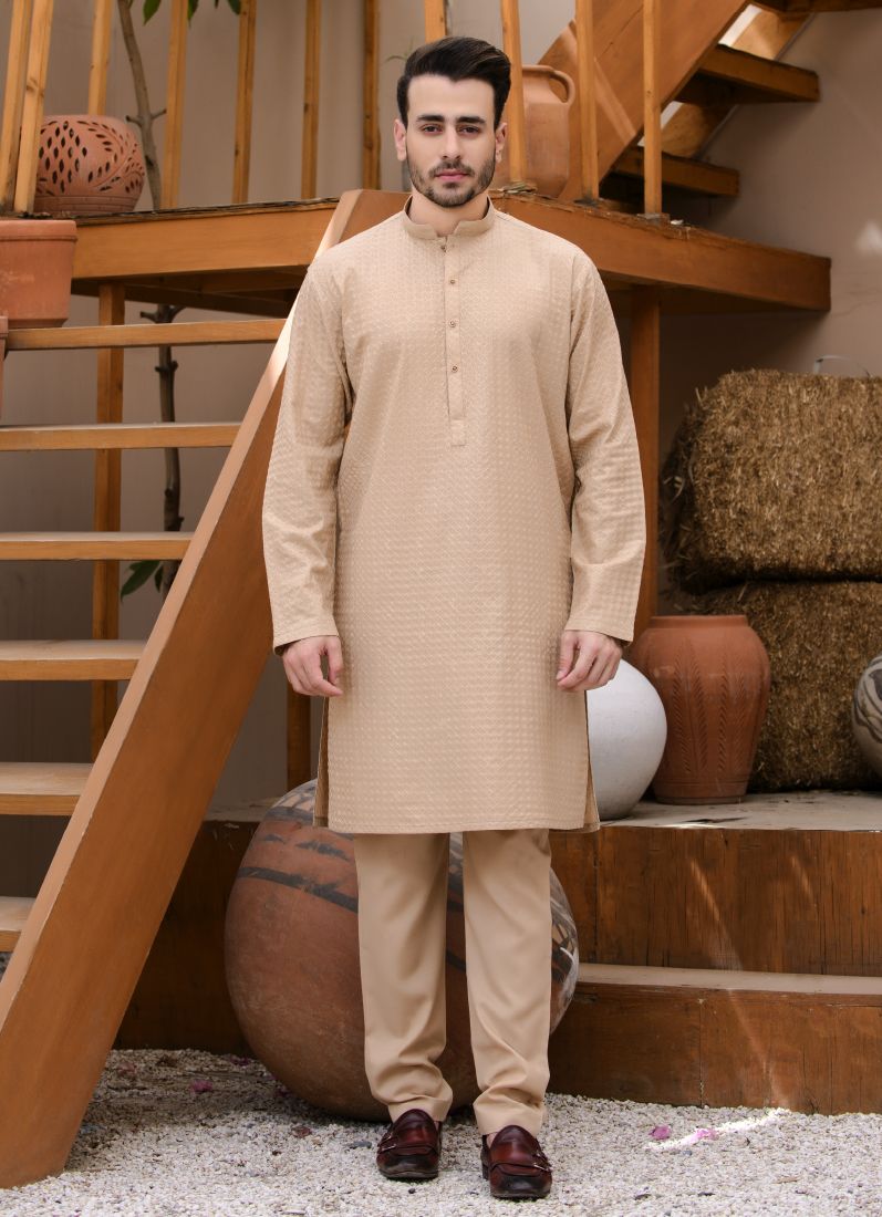 Embroidered Mens Kurta & Pyjama Beige