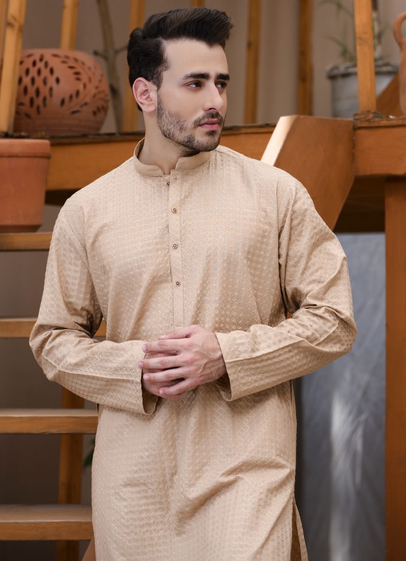 Embroidered Mens Kurta & Pyjama Beige