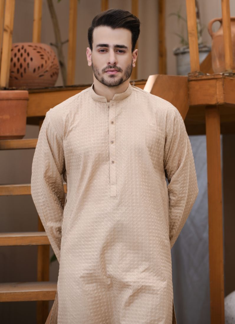 Embroidered Mens Kurta & Pyjama Beige