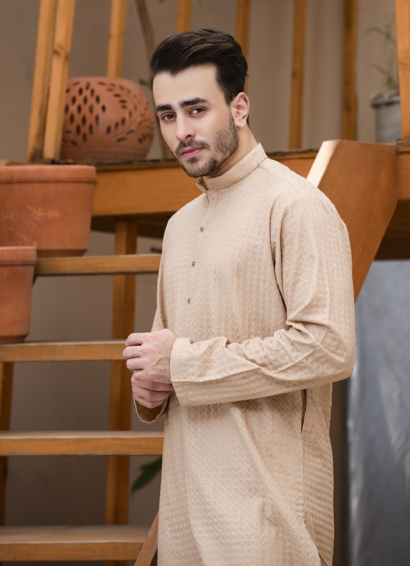 Embroidered Mens Kurta & Pyjama Beige