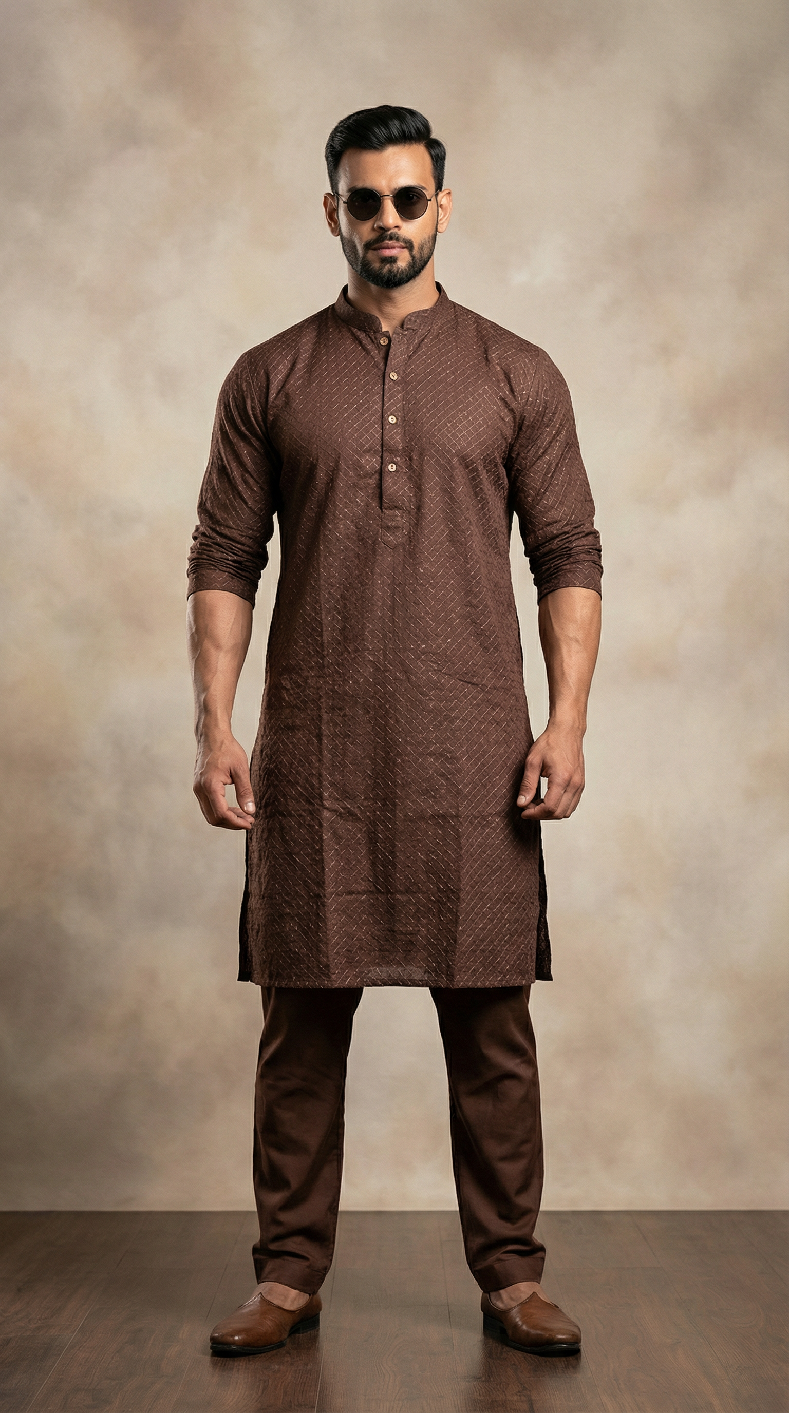 Men’s Brown Embroidered Cotton Kurta Pyjama
