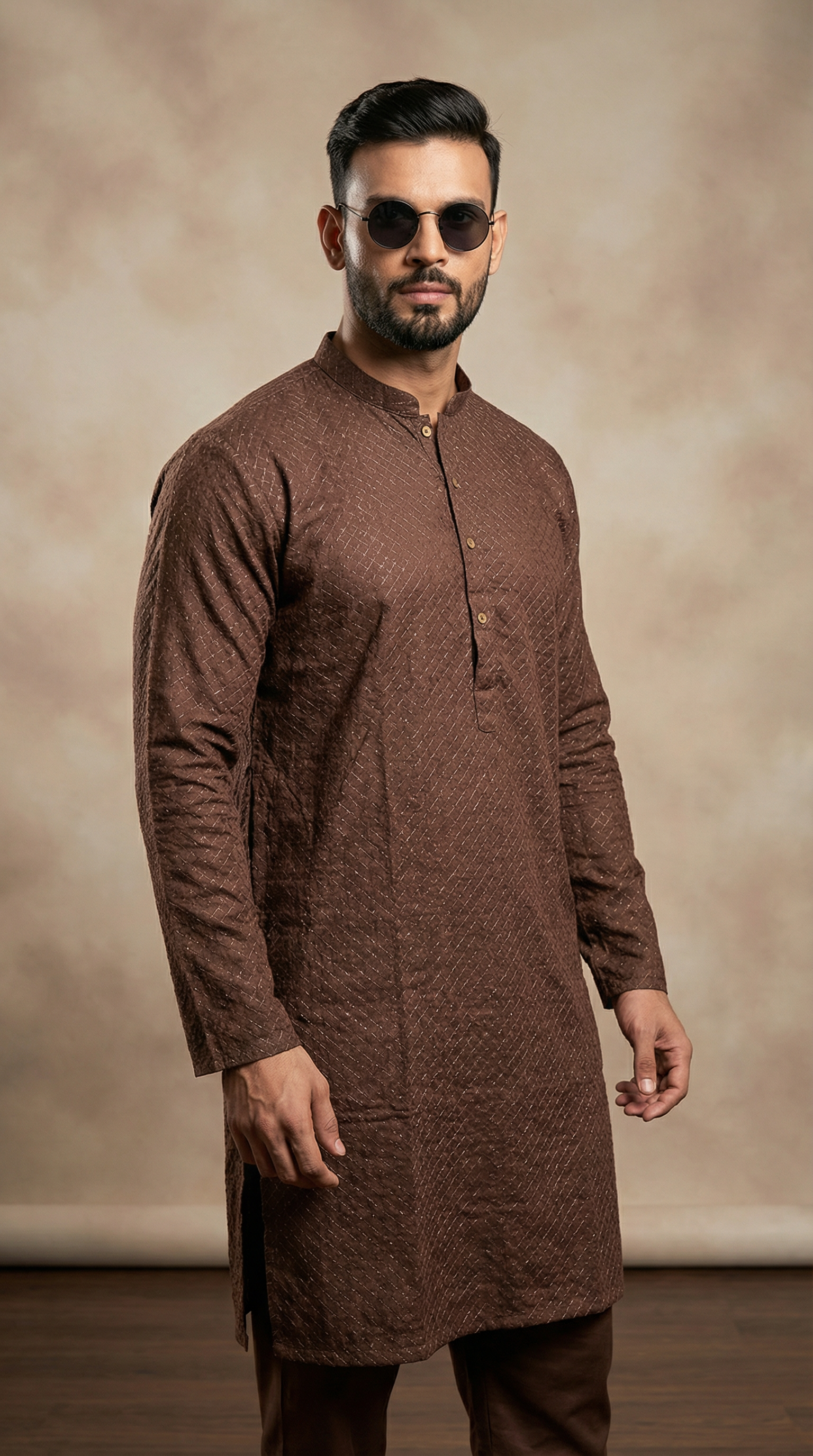 Men’s Brown Embroidered Cotton Kurta Pyjama