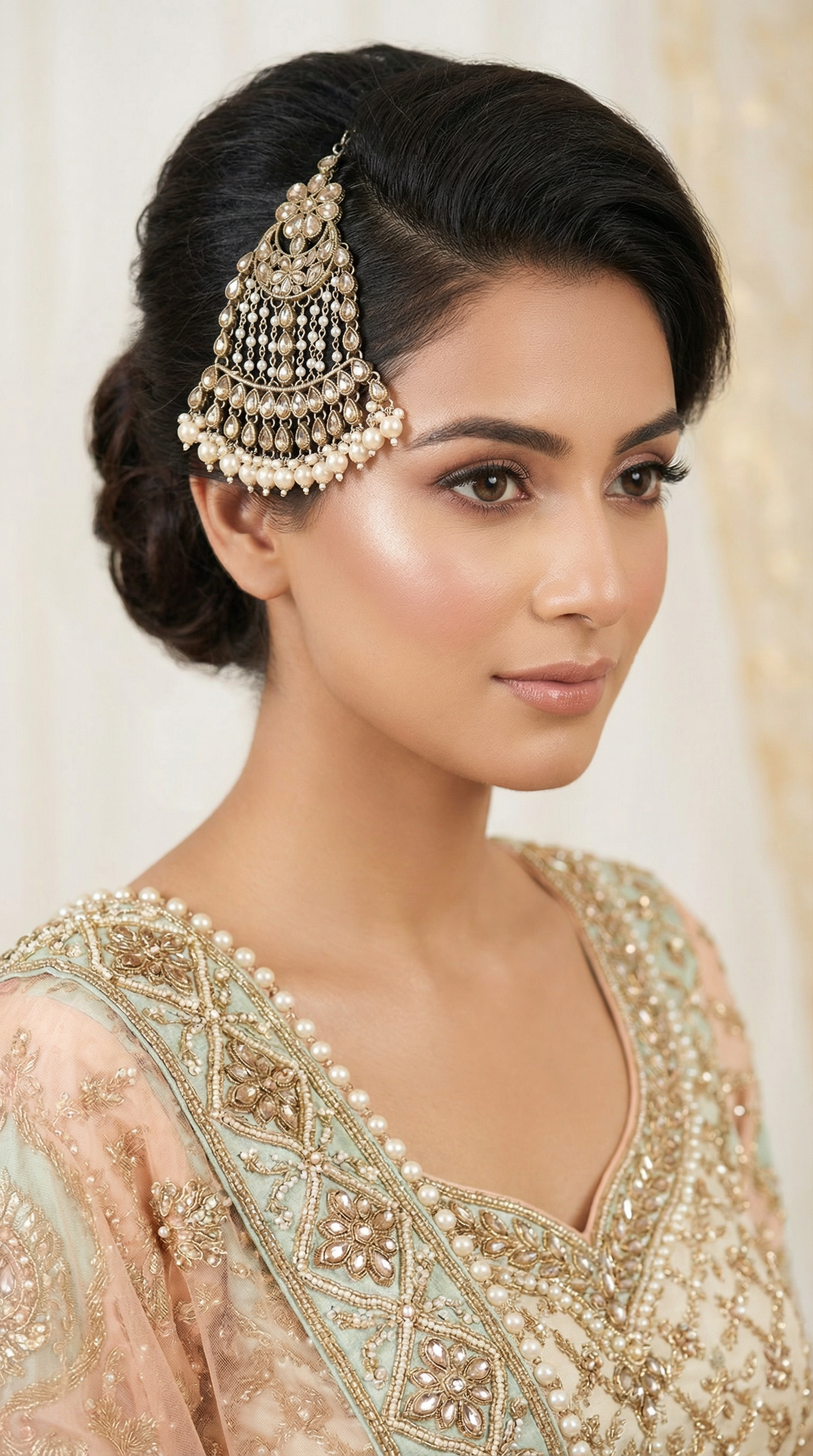 Multilayer Pearl & Diamonte Antique Gold Passa with Ivory Pearl Drops