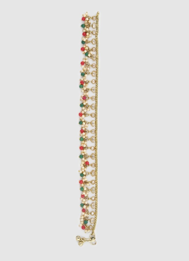 Antique Gold Plated Payal with Diamonte, Pearls, Rubies & Green Beads