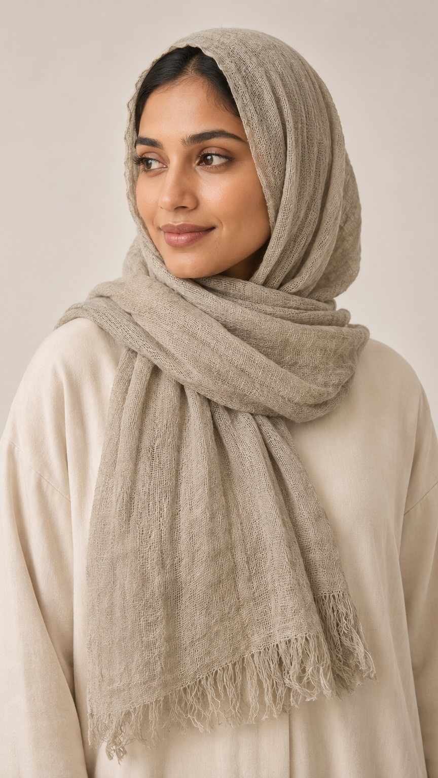 A light taupe-beige textured scarf with frill.