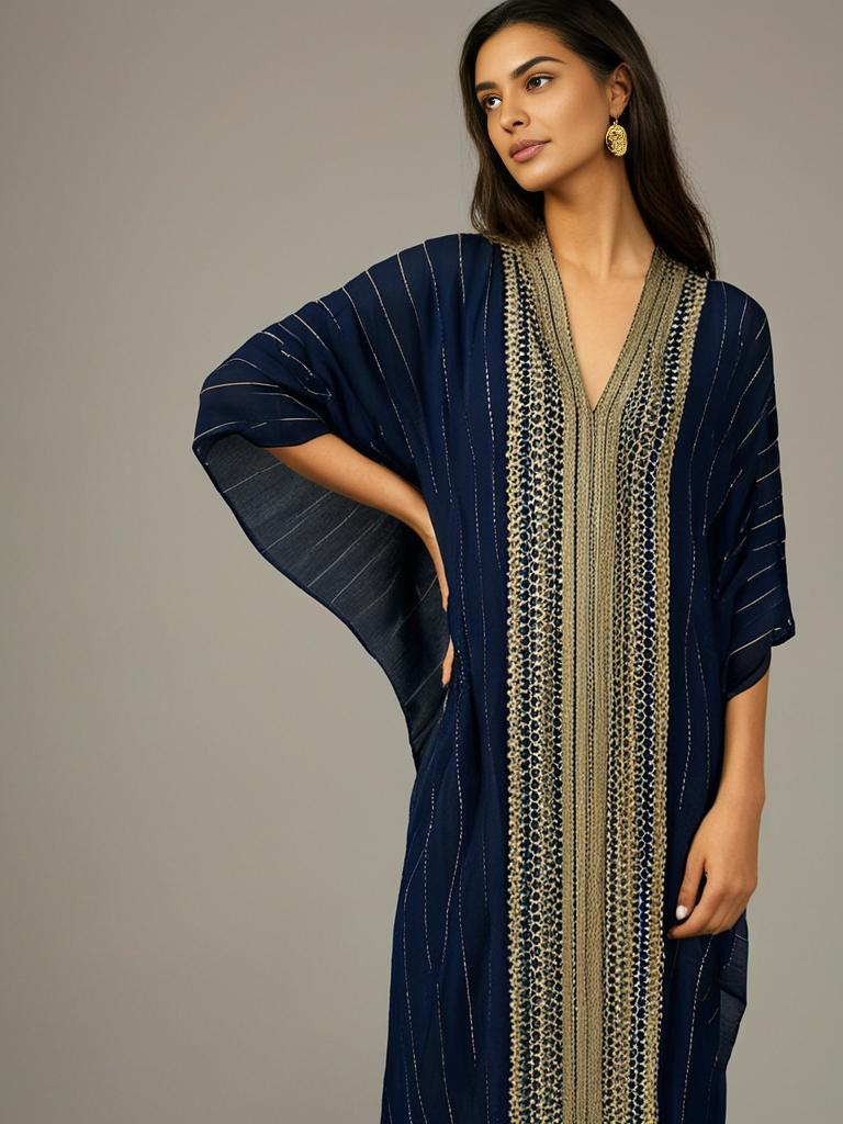 Navy Blue Viscose Lurex Kaftan