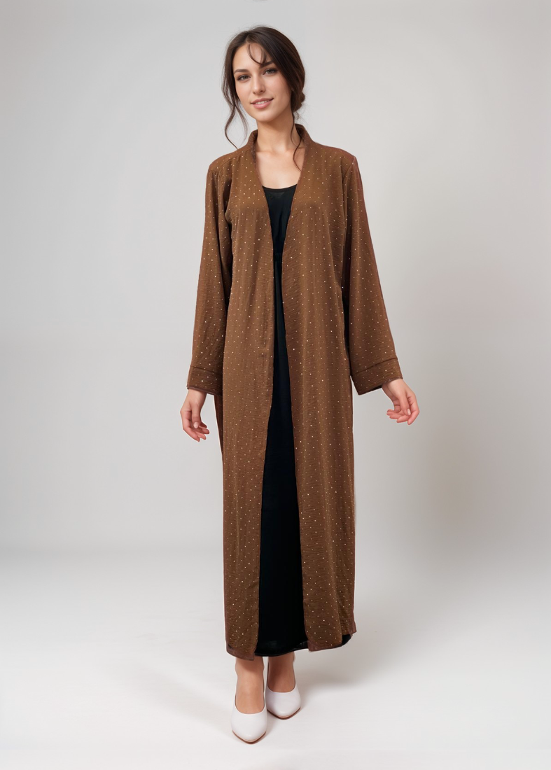 Brown Maxi Open Cardigan – Soft Fabric with Silver Dots