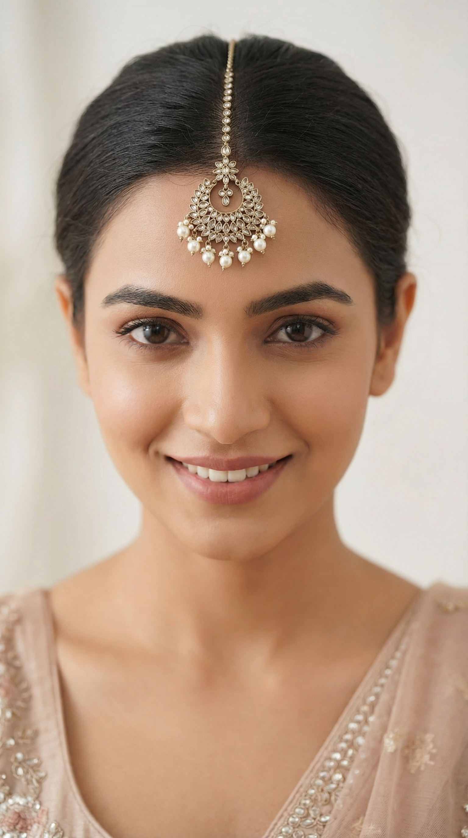 Antique Gold Reverse AD Tikka with Pearl Droplets