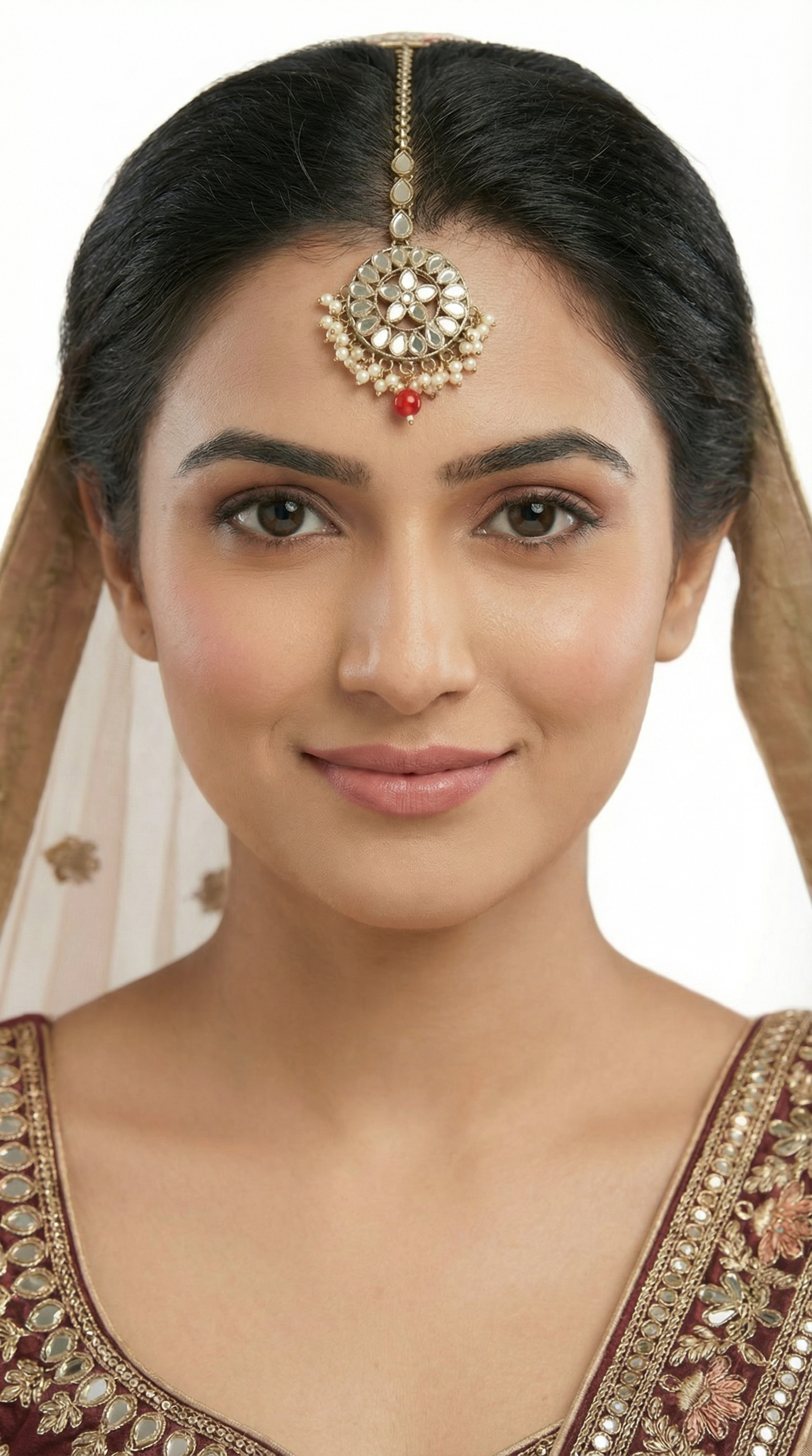 Gold Base Mirror Tikka with Mini Pearl & Maroon Bead Droplet
