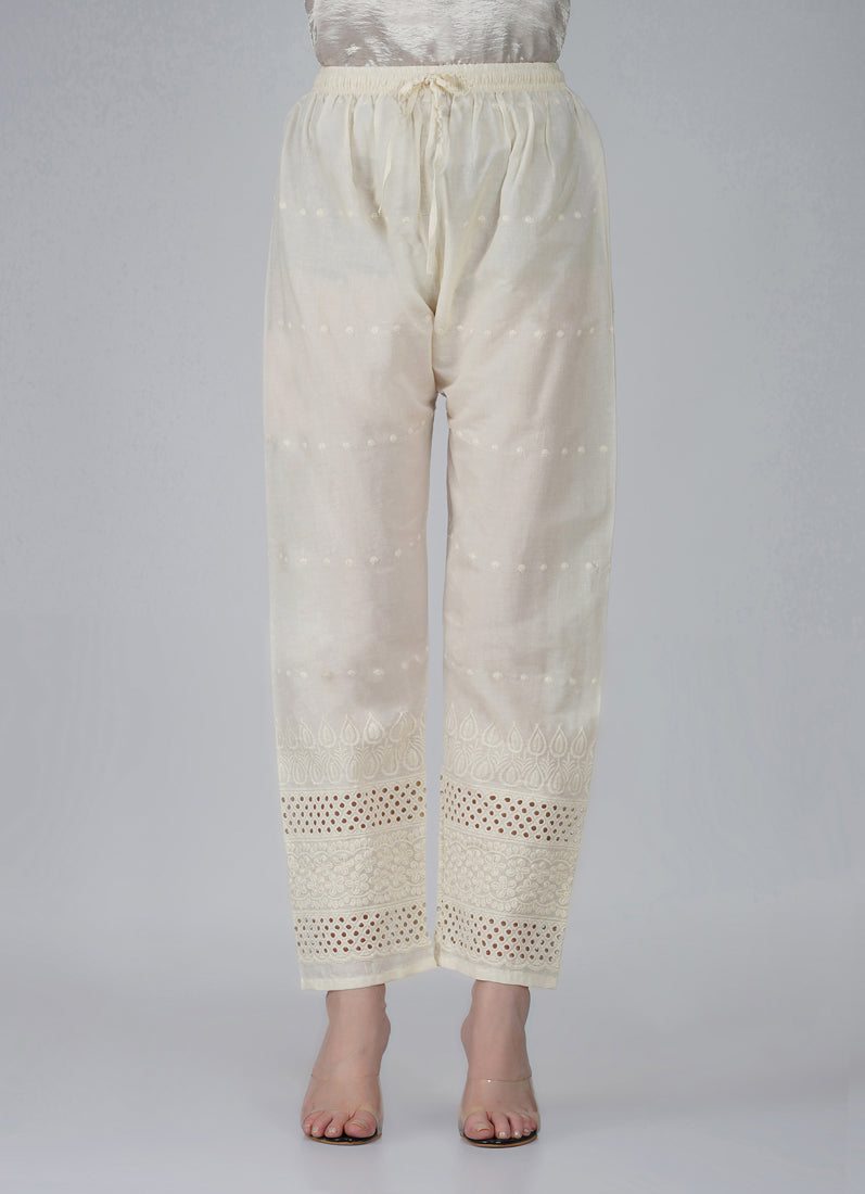 Ivory Cotton Embroidered Trouser