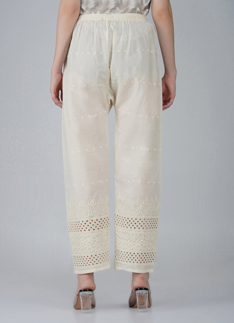 Ivory Cotton Embroidered Trouser