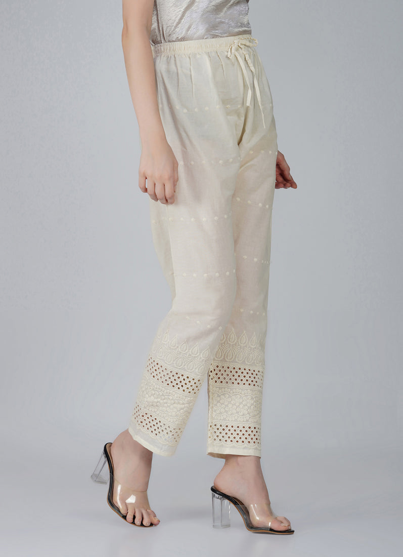 Ivory Cotton Embroidered Trouser