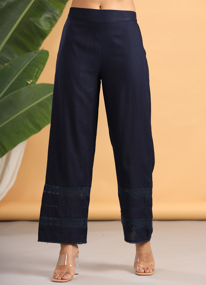 Buy Navy Blue Rayon Lace Wide Pant
