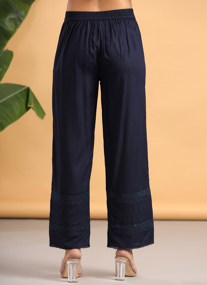 Buy Navy Blue Rayon Lace Wide Pant