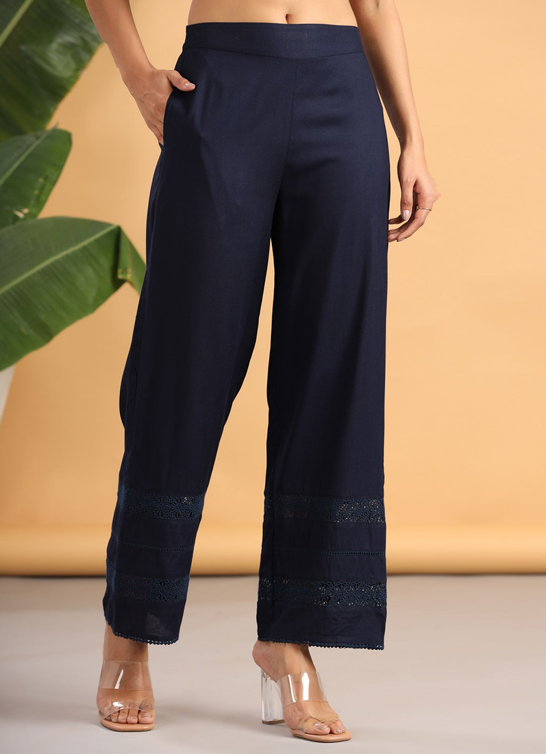 Buy Navy Blue Rayon Lace Wide Pant