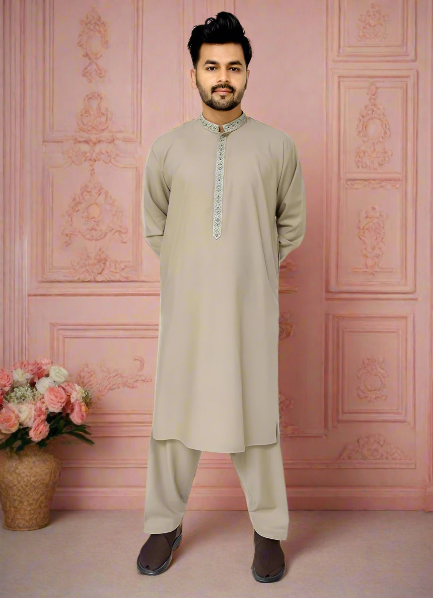 Embroidered Mens Sage Green Kurta & Salwar