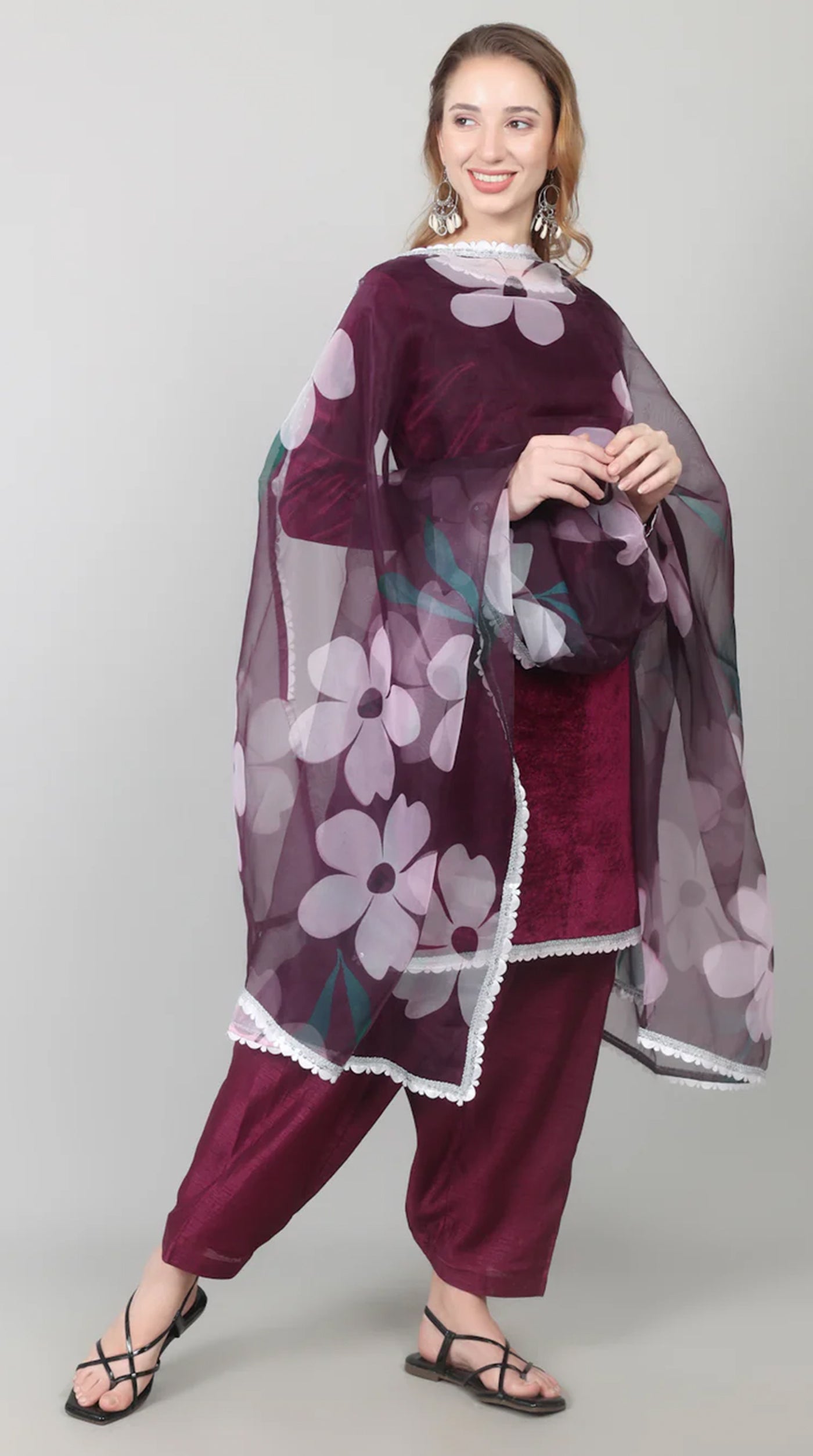 Wine Velvet Printed Dupatta Suit Set