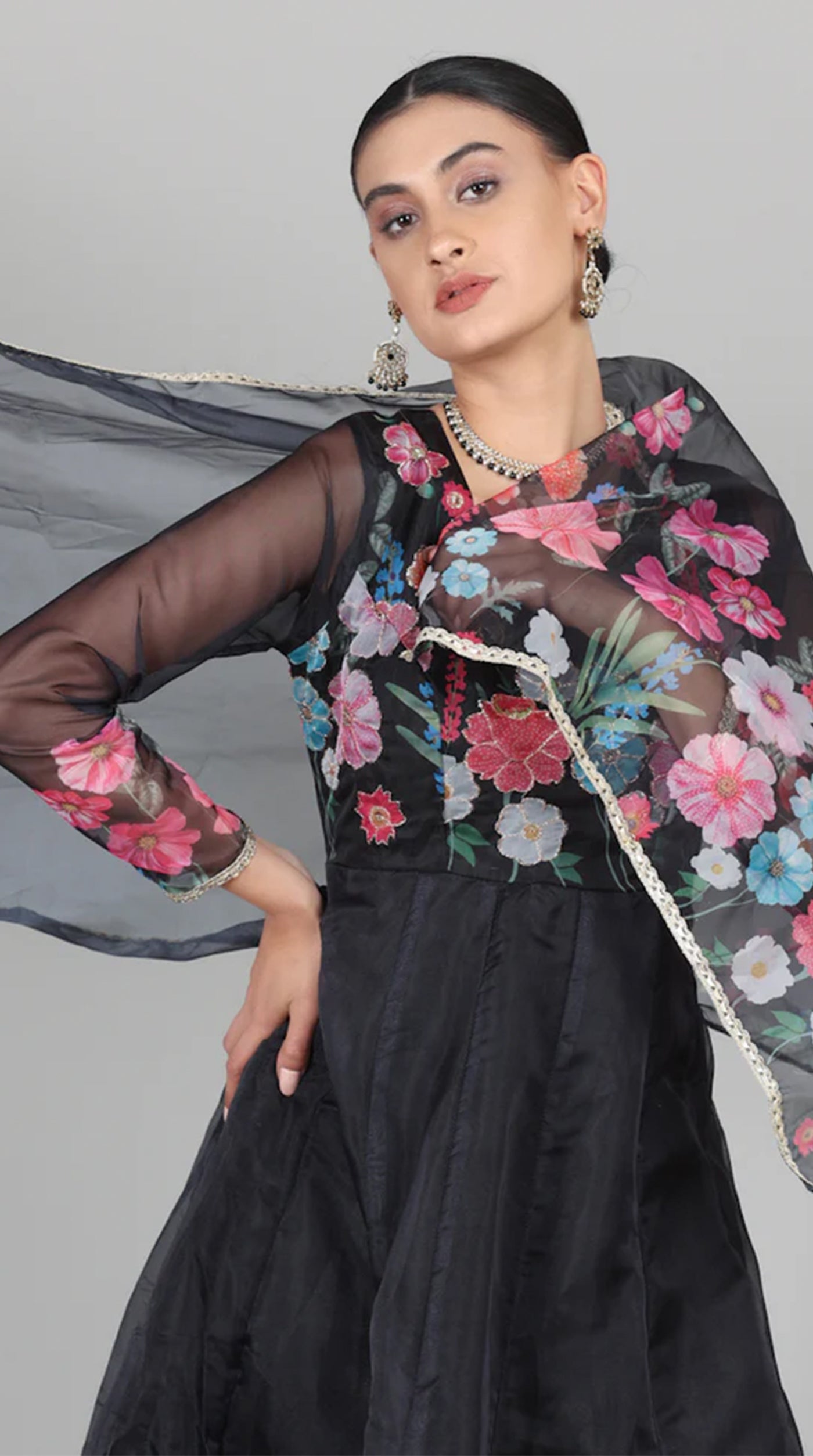 Black Organza Floral Printed Suit Set