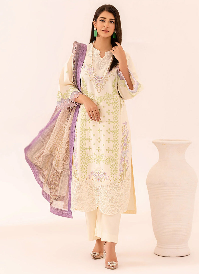 Cream Lawn Embroidered Suit Set