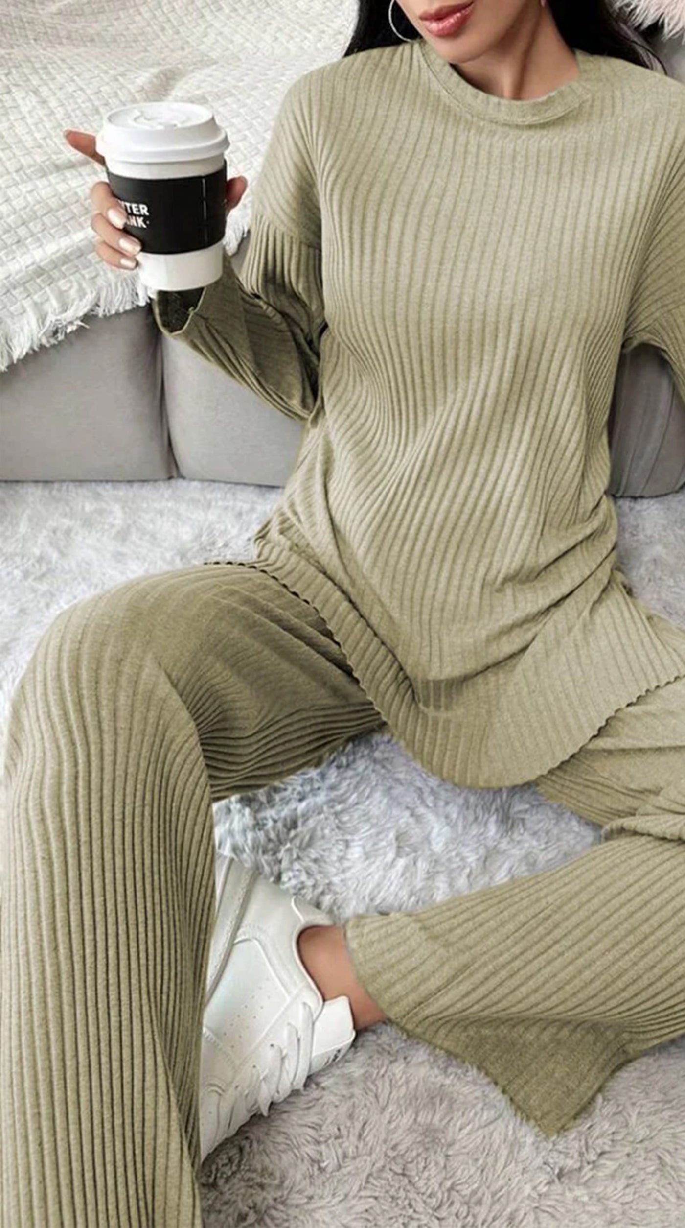 Olive Green Cotton Ribbed Co-Ord Set