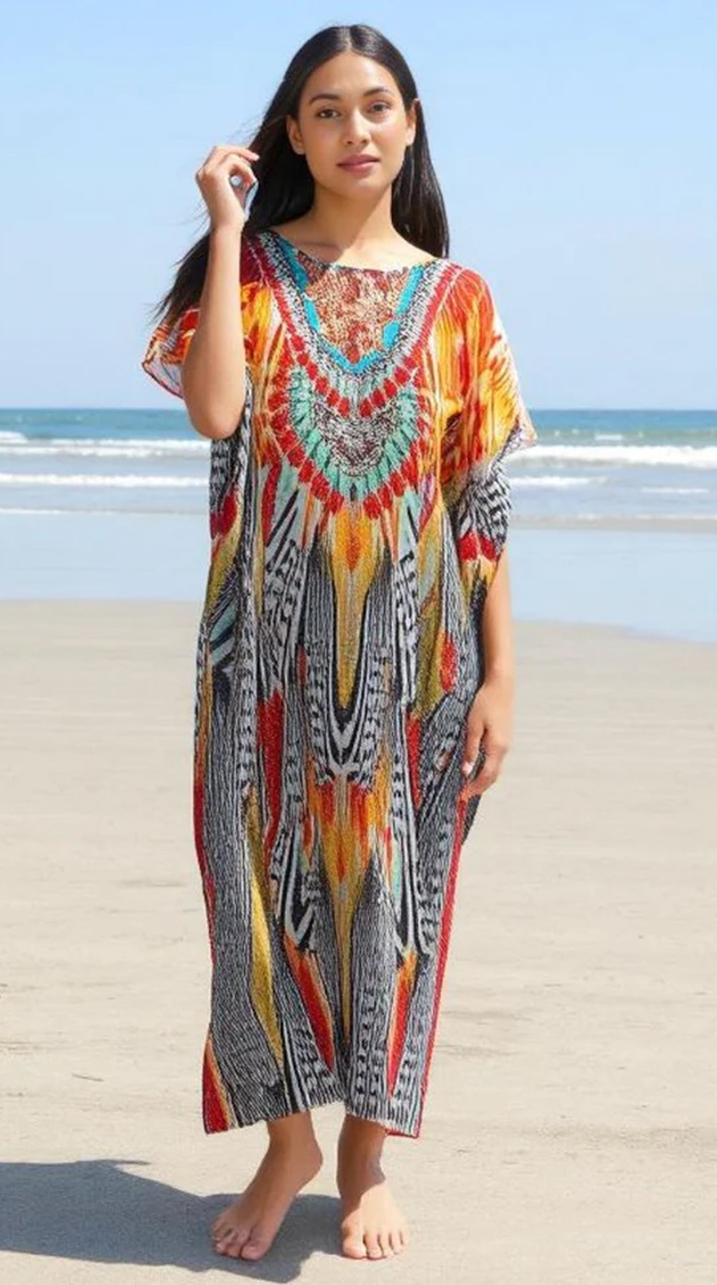 Orange Digital Print Kaftan With Silver Stone Embroidery