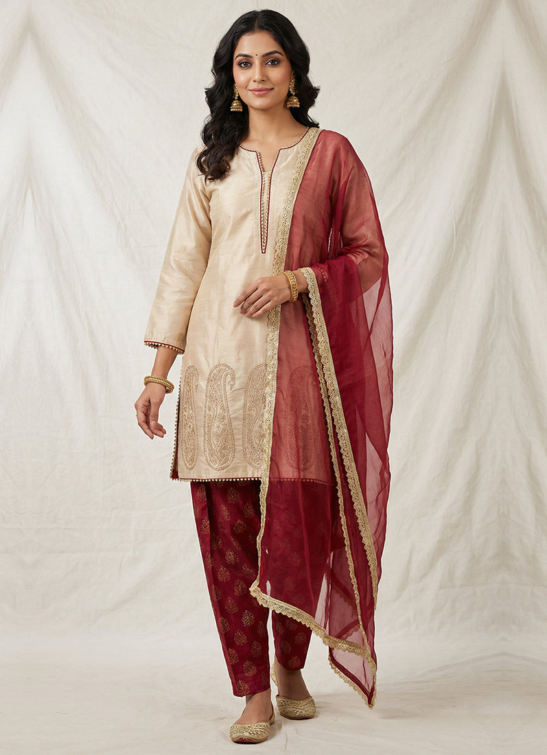 Maroon-Beige Raw Silk Suit Set