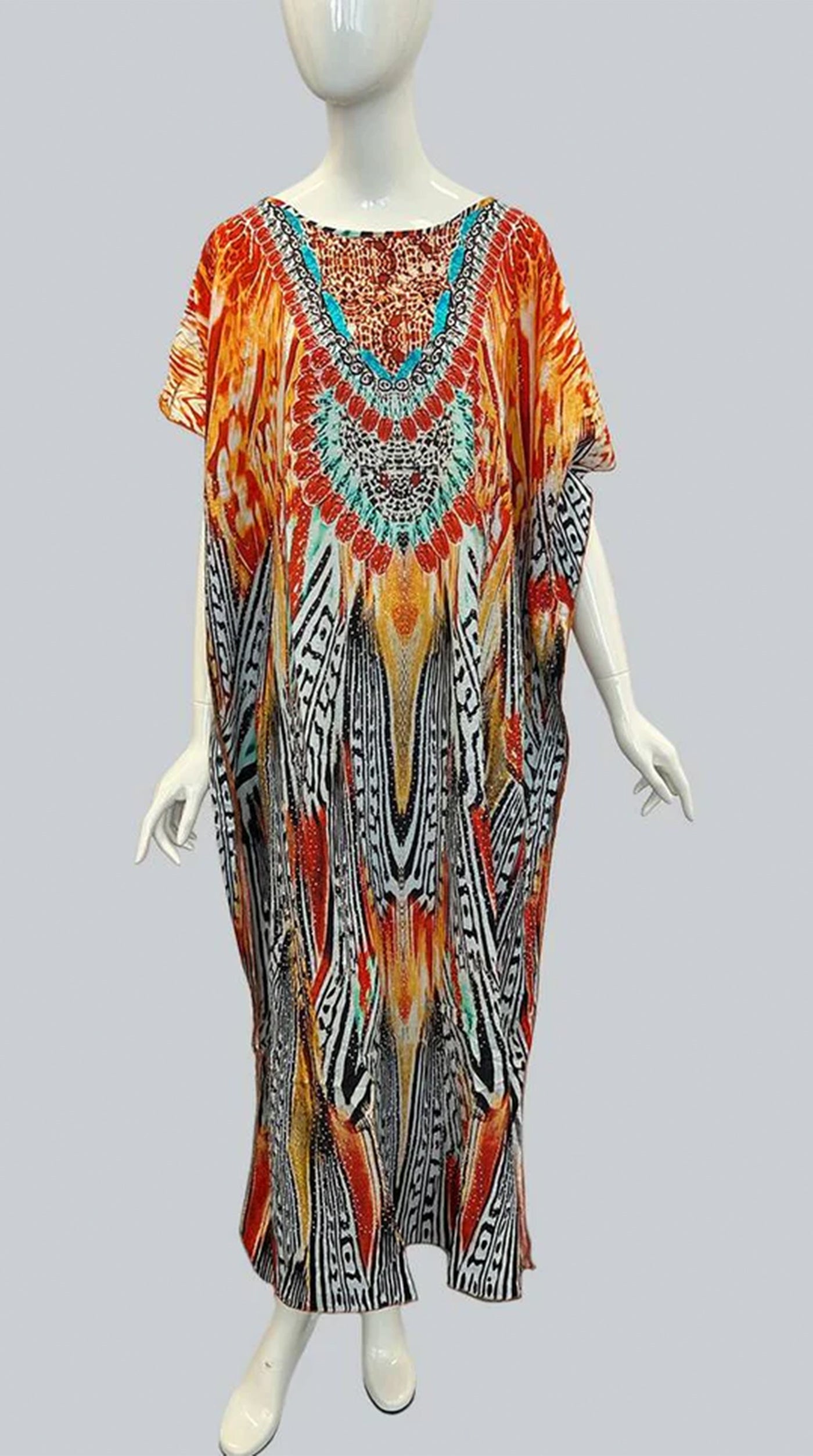 Orange Digital Print Kaftan With Silver Stone Embroidery