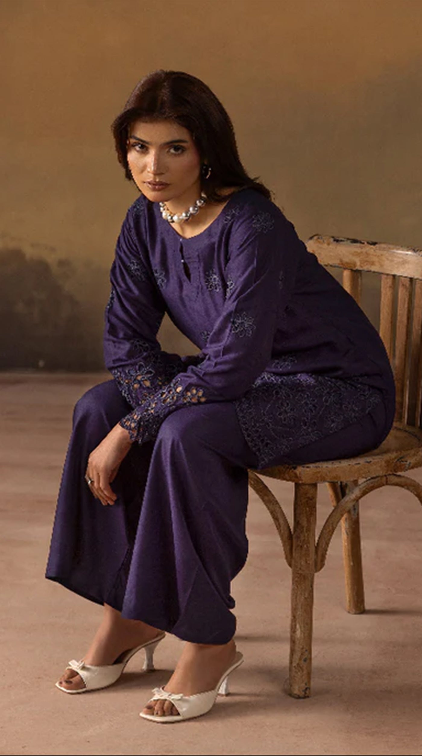 Elegant Navy Blue Linen Chikankari Co-Ord Set for Women