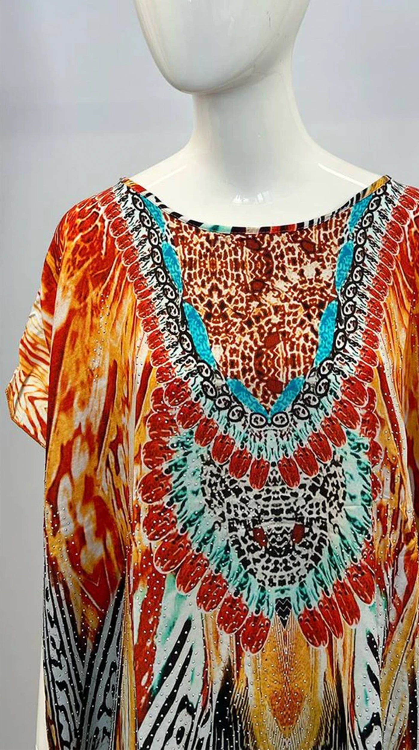 Orange Digital Print Kaftan With Silver Stone Embroidery