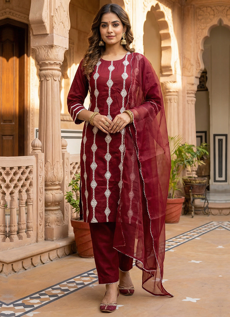 Maroon Embroidered Linen Suit Set