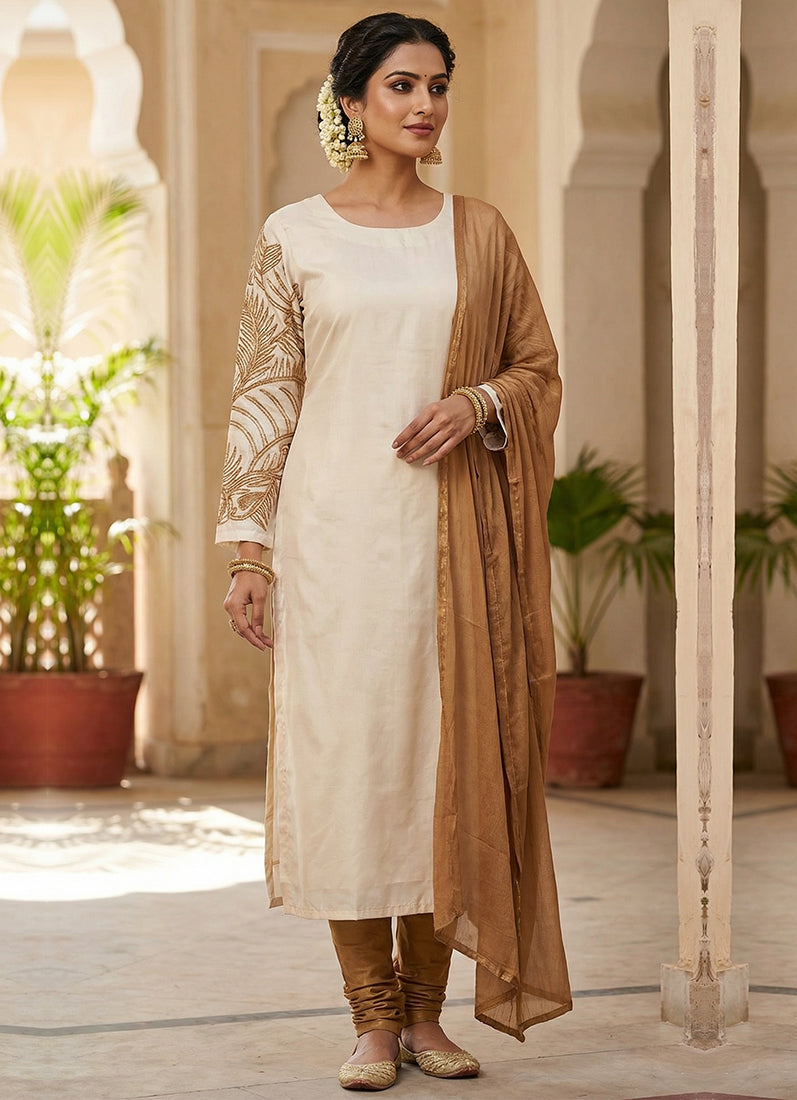 Straight Suit With Botanical Embroidery