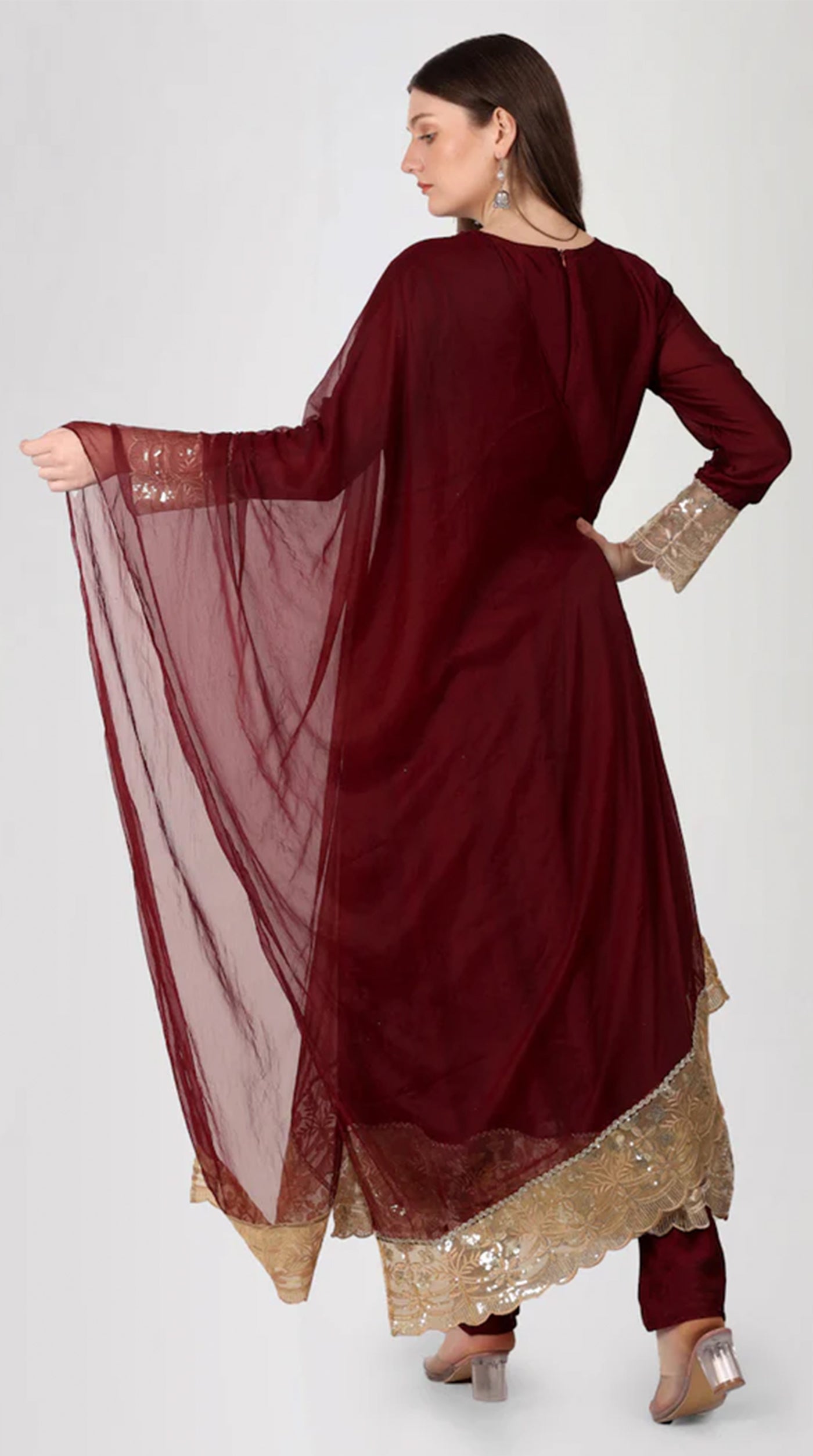 Maroon Georgette Vichitra Bias Cut Suit Set