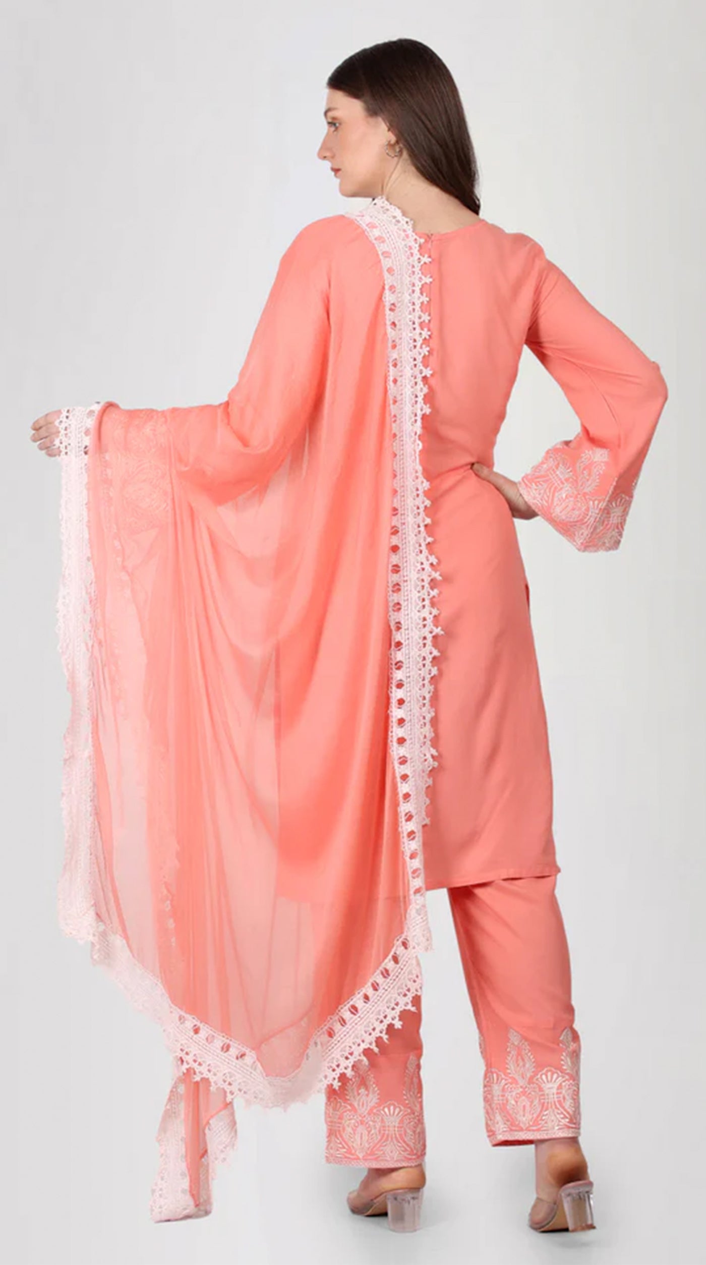 Peach Rayon Crochet Lace Suit Set