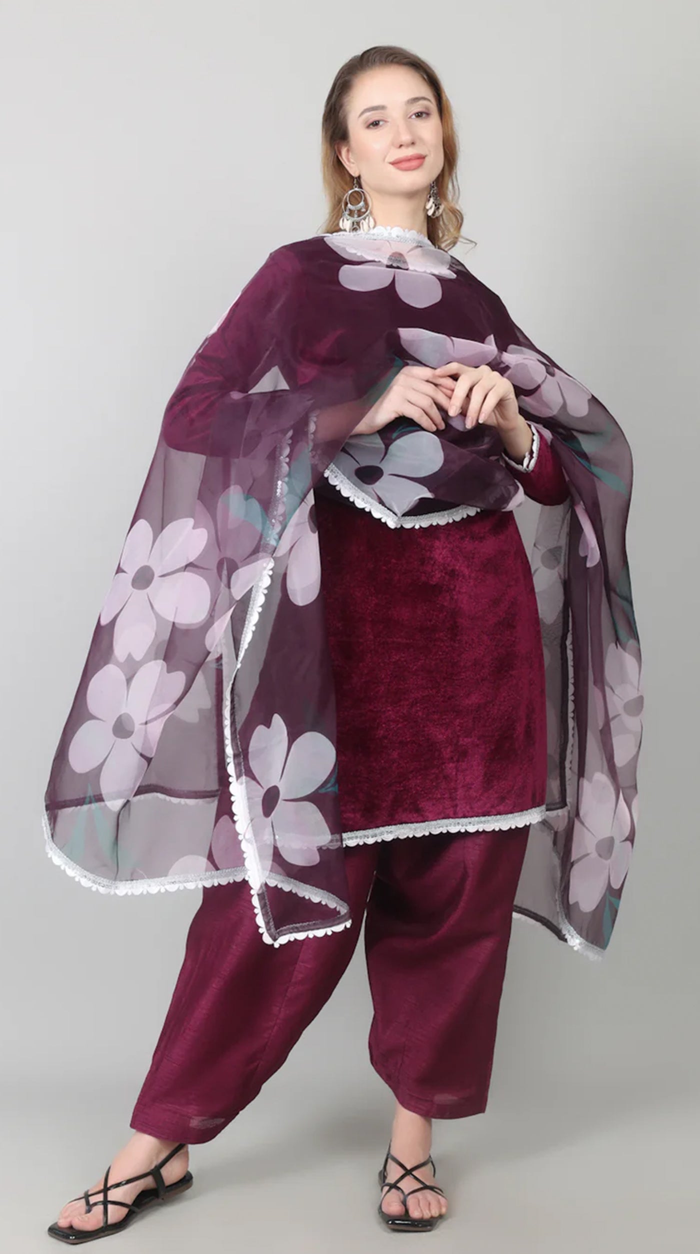 Wine Velvet Printed Dupatta Suit Set