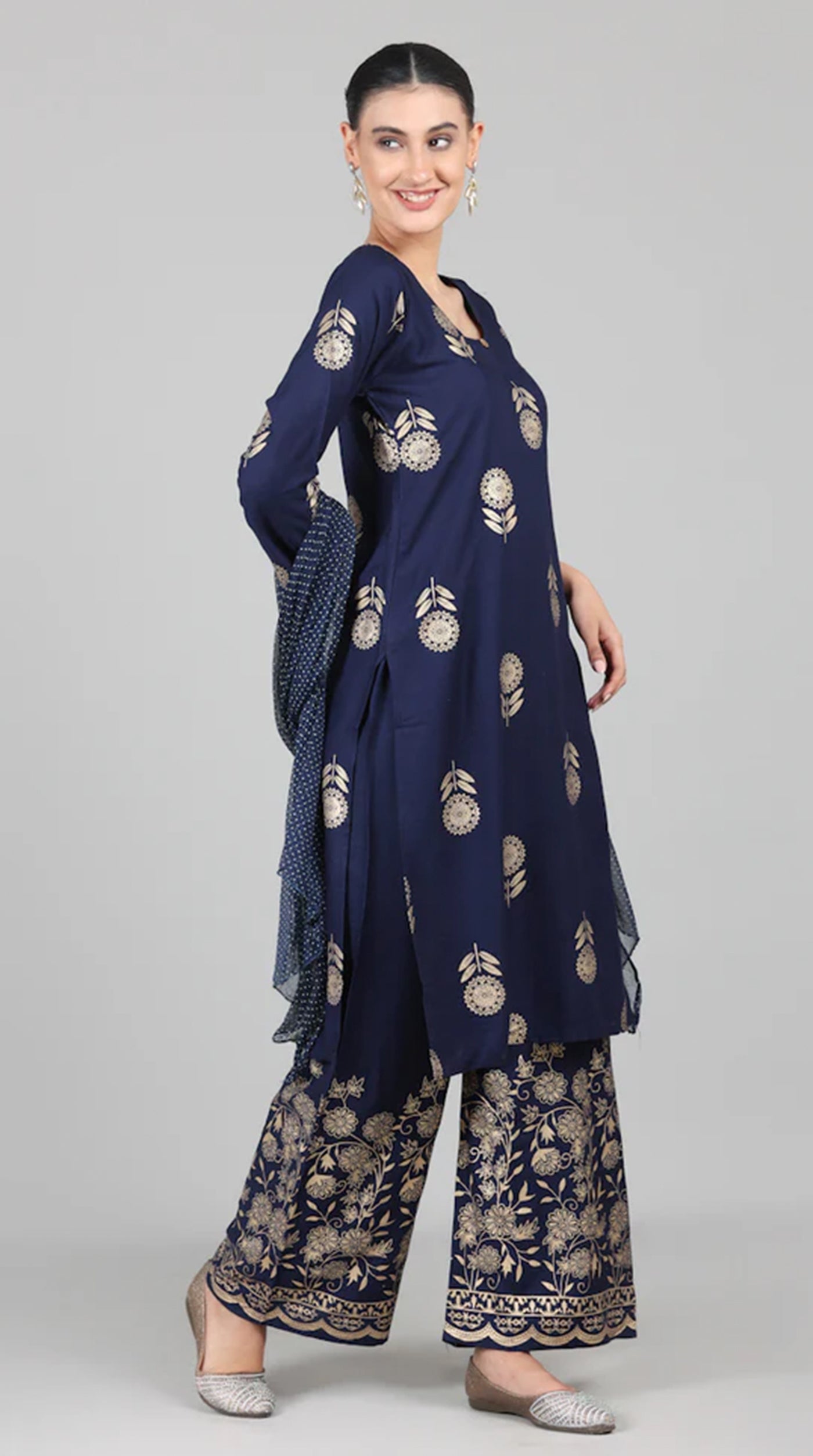 Navy Blue Foil Printed Suit Set