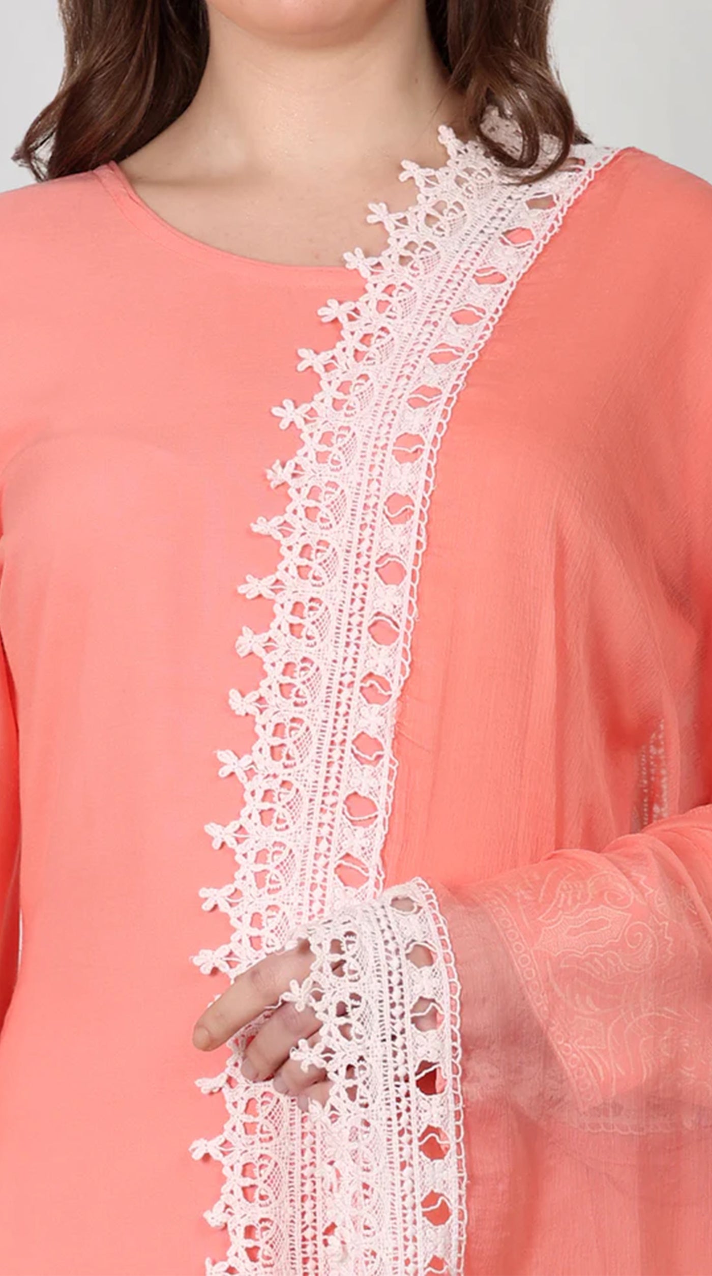 Peach Rayon Crochet Lace Suit Set
