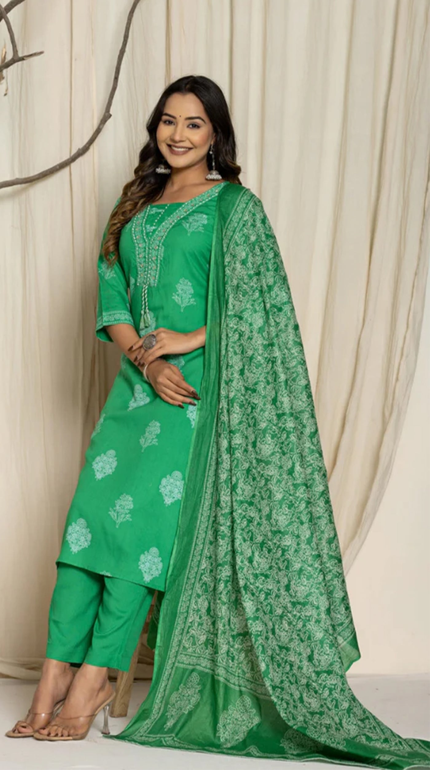 Green Rayon Straight Cut Suit Set
