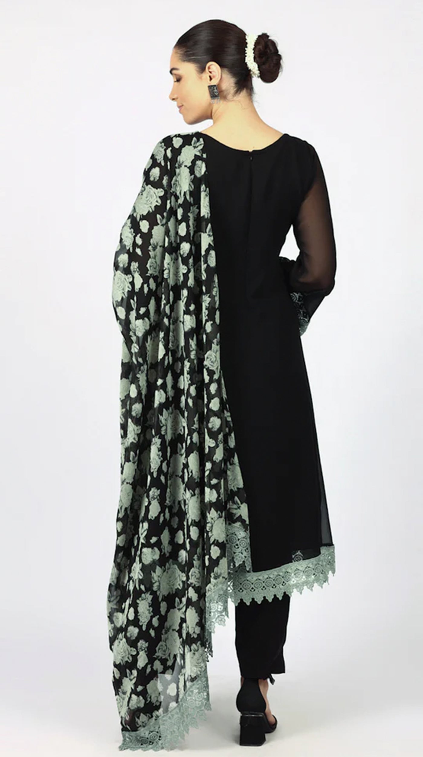 Black Georgette Printed Dupatta Suit Set