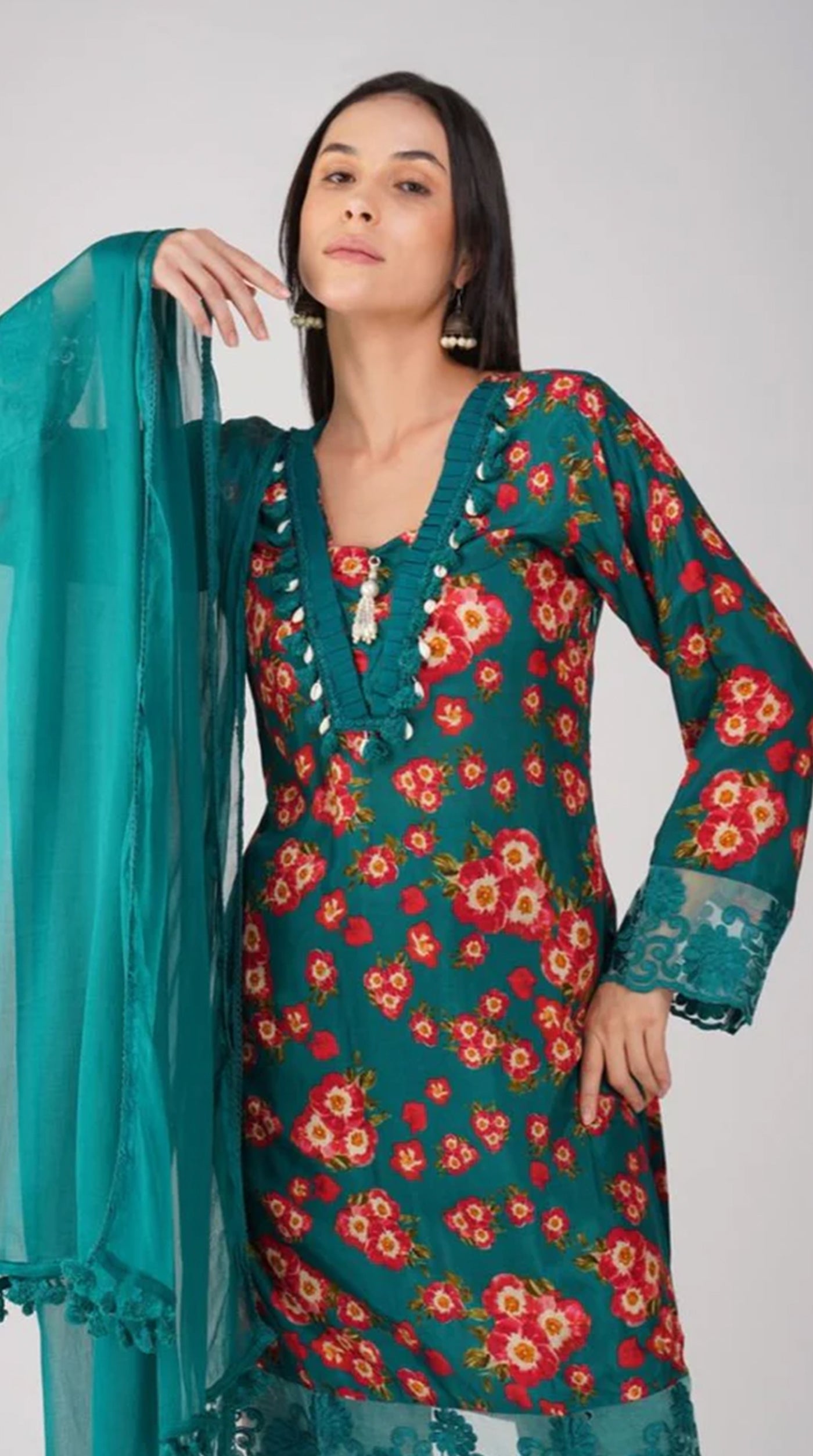Teal Muslin Printed Suit Set