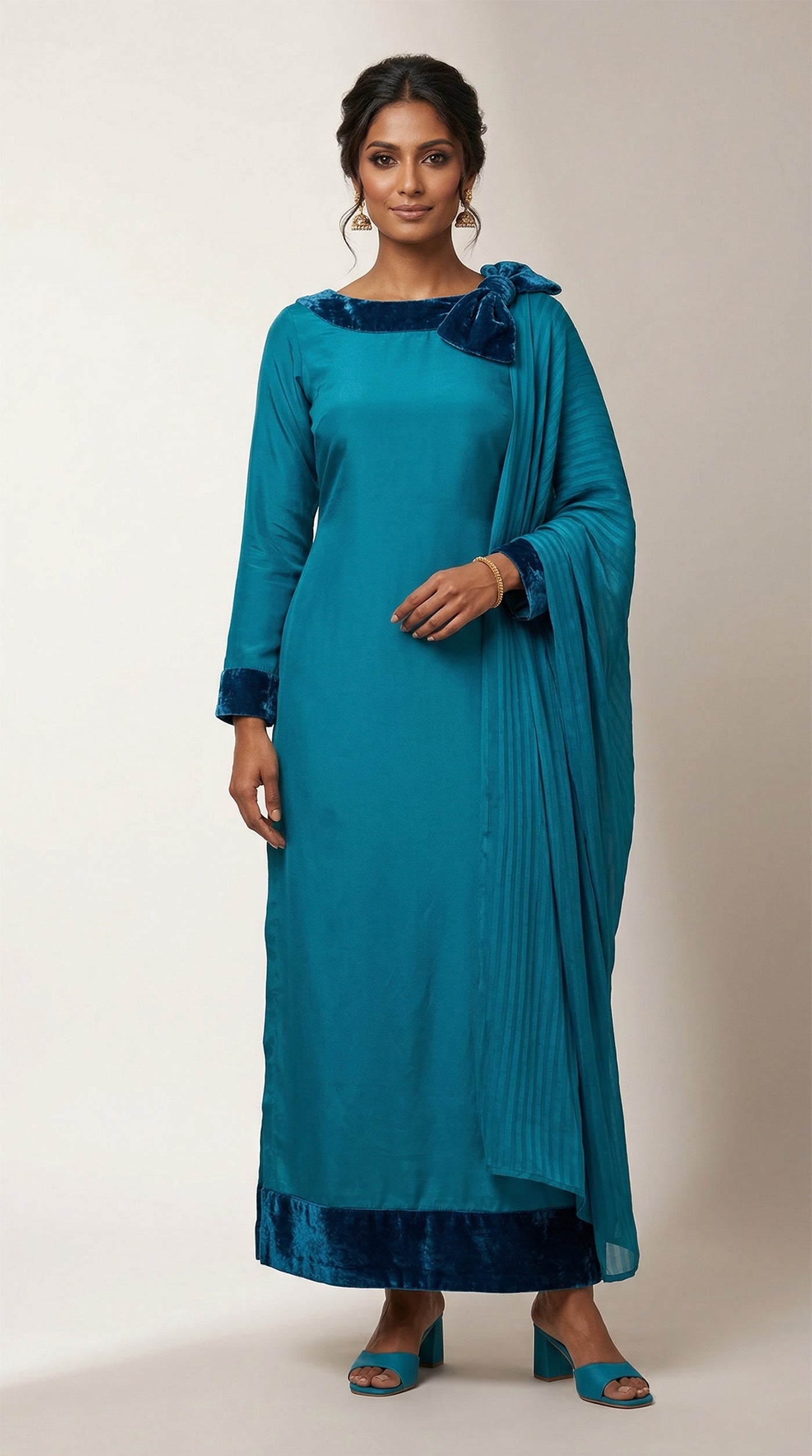Winter Luxe Wool Maxi Suit with Velvet Borders