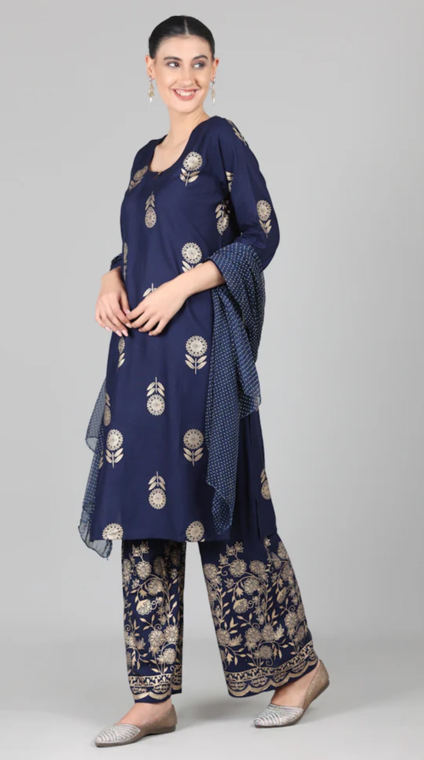 Navy Blue Foil Printed Suit Set