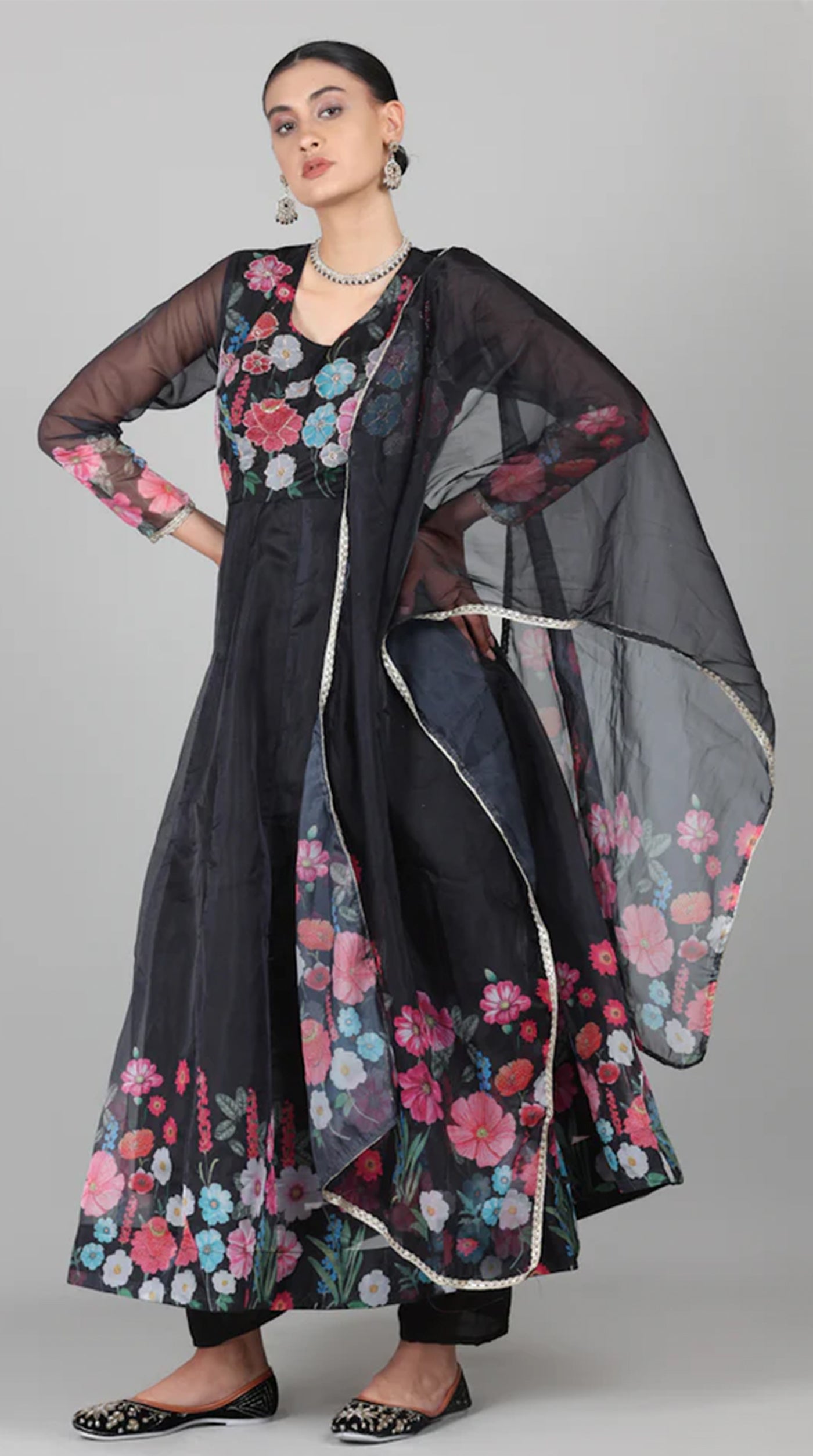 Black Organza Floral Printed Suit Set