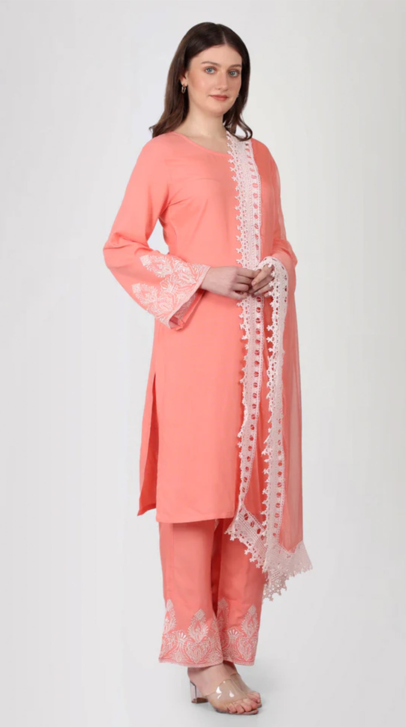Peach Rayon Crochet Lace Suit Set