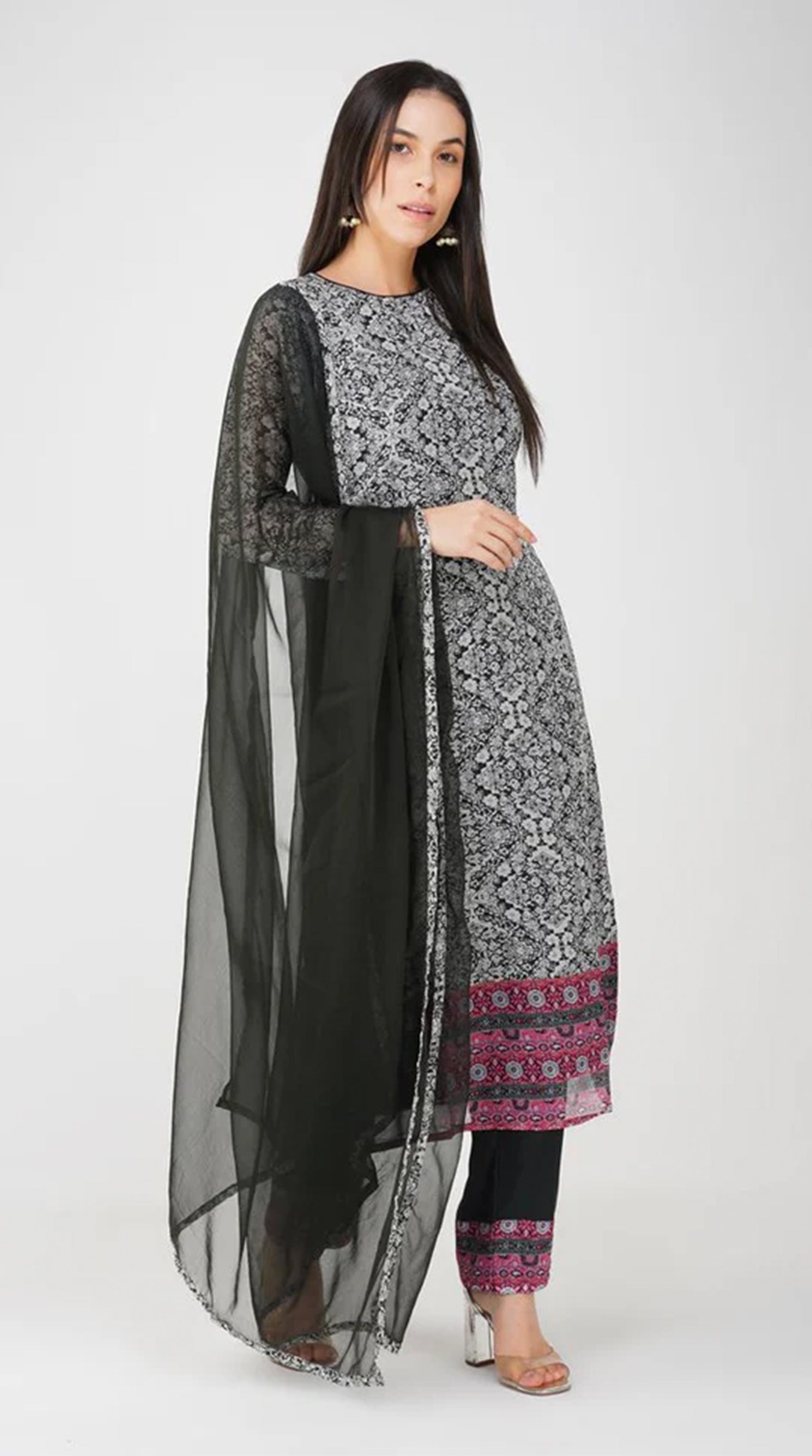 Beige Printed Georgette Suit Set