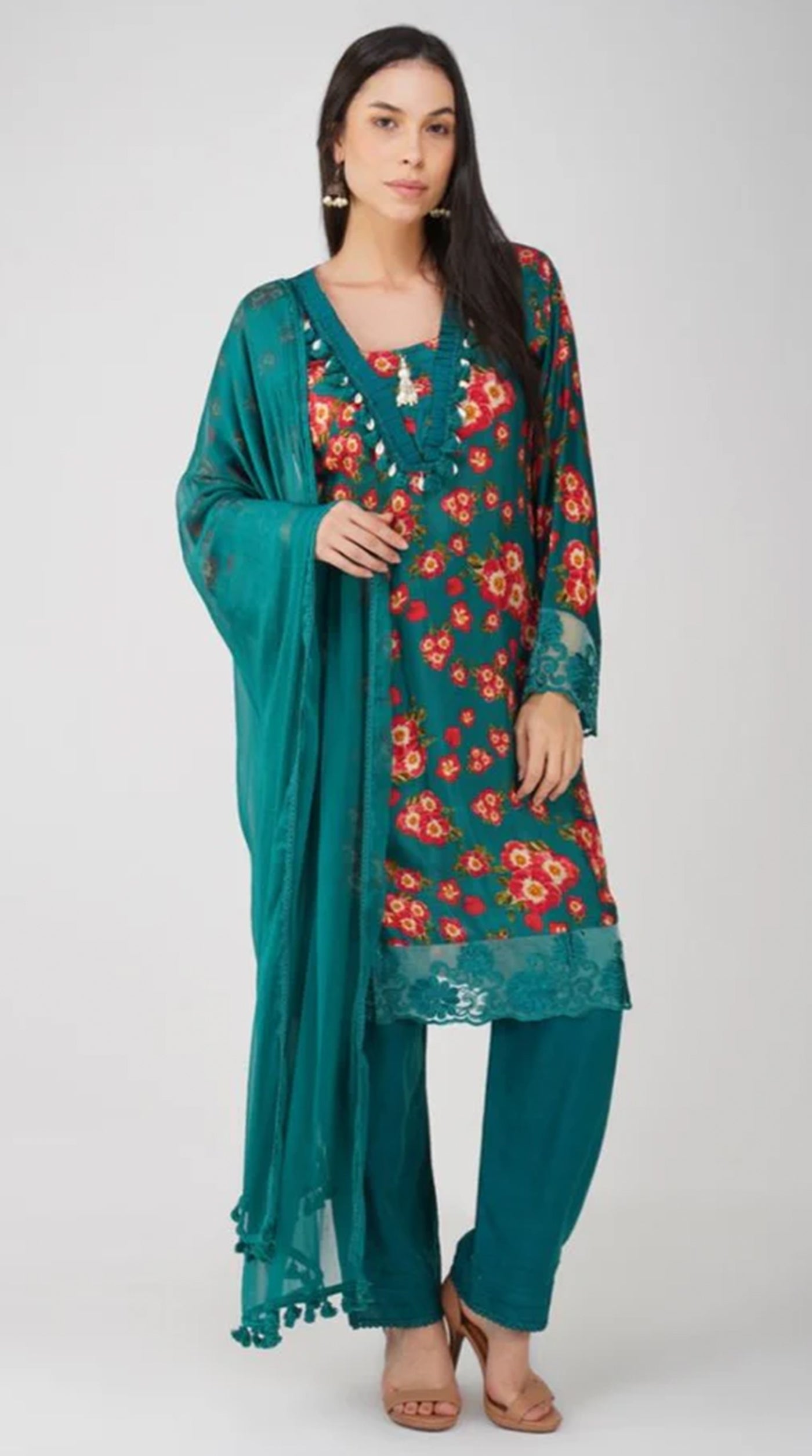 Teal Muslin Printed Suit Set